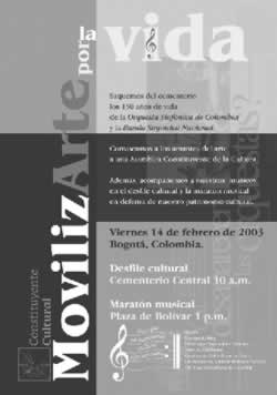 Afiche convocando a desfile cultural y a la maratón musical que se realizó en la Plaza de Bolívar el 14 de febrero de 2003